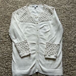 Isaac Mizrahi Women’s Cream Lace-Trim Cotton Cardigan Sweater Size Small